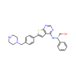 OC[C@@H](Nc1ncnc2sc(-c3ccc(CN4CCNCC4)cc3)cc12)c1ccccc1 ZINC000205524707