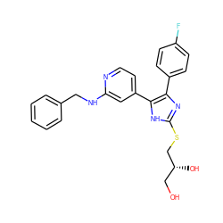 OC[C@@H](O)CSc1nc(-c2ccc(F)cc2)c(-c2ccnc(NCc3ccccc3)c2)[nH]1 ZINC000040872861