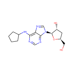 OC[C@@H]1C[C@@H](O)[C@H](n2cnc3c(NC4CCCC4)ncnc32)O1 ZINC000012405898