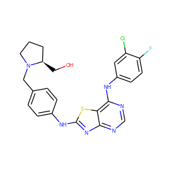 OC[C@@H]1CCCN1Cc1ccc(Nc2nc3ncnc(Nc4ccc(F)c(Cl)c4)c3s2)cc1 ZINC000040892367