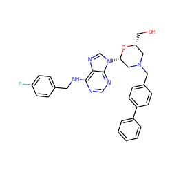 OC[C@@H]1CN(Cc2ccc(-c3ccccc3)cc2)C[C@H](n2cnc3c(NCc4ccc(F)cc4)ncnc32)O1 ZINC000072104783