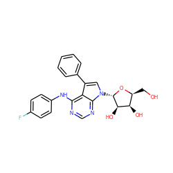 OC[C@@H]1O[C@@H](n2cc(-c3ccccc3)c3c(Nc4ccc(F)cc4)ncnc32)[C@H](O)[C@@H]1O ZINC000013528442