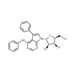 OC[C@@H]1O[C@@H](n2cc(-c3ccccc3)c3c(Nc4ccccc4)ncnc32)[C@H](O)[C@@H]1O ZINC000003814341