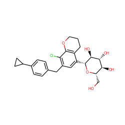 OC[C@@H]1O[C@H](c2cc(Cc3ccc(C4CC4)cc3)c(Cl)c3c2CCCO3)[C@@H](O)[C@H](O)[C@H]1O ZINC001772620377