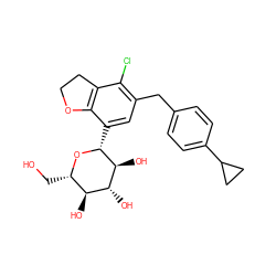 OC[C@@H]1O[C@H](c2cc(Cc3ccc(C4CC4)cc3)c(Cl)c3c2OCC3)[C@@H](O)[C@H](O)[C@H]1O ZINC001772622938