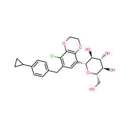 OC[C@@H]1O[C@H](c2cc(Cc3ccc(C4CC4)cc3)c(Cl)c3c2OCCO3)[C@@H](O)[C@H](O)[C@H]1O ZINC001772621096