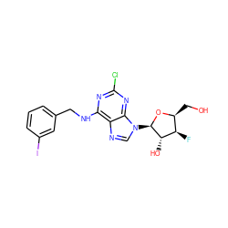 OC[C@@H]1O[C@H](n2cnc3c(NCc4cccc(I)c4)nc(Cl)nc32)[C@@H](O)[C@@H]1F ZINC000027903298