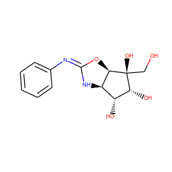 OC[C@]1(O)[C@H](O)[C@H](O)[C@H]2N/C(=N\c3ccccc3)O[C@H]21 ZINC000058672922