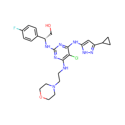 OC[C@H](Nc1nc(NCCN2CCOCC2)c(Cl)c(Nc2cc(C3CC3)n[nH]2)n1)c1ccc(F)cc1 ZINC000040848392