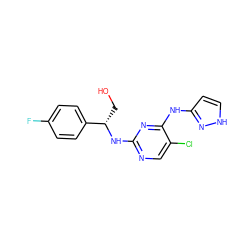 OC[C@H](Nc1ncc(Cl)c(Nc2cc[nH]n2)n1)c1ccc(F)cc1 ZINC000040380248