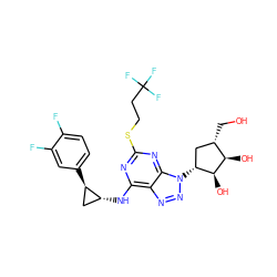 OC[C@H]1C[C@@H](n2nnc3c(N[C@@H]4C[C@H]4c4ccc(F)c(F)c4)nc(SCCC(F)(F)F)nc32)[C@H](O)[C@@H]1O ZINC000028957442