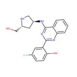 OC[C@H]1C[C@H](Nc2nc(-c3cc(F)ccc3O)nc3ccccc23)CN1 ZINC000059287702