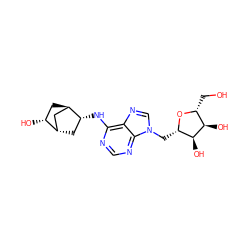 OC[C@H]1O[C@@H](Cn2cnc3c(N[C@@H]4C[C@H]5C[C@H]4C[C@H]5O)ncnc32)[C@H](O)[C@@H]1O ZINC000299847506