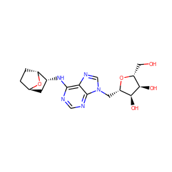 OC[C@H]1O[C@@H](Cn2cnc3c(N[C@@H]4C[C@H]5CC[C@H]4O5)ncnc32)[C@H](O)[C@@H]1O ZINC000261075962