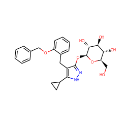 OC[C@H]1O[C@@H](Oc2n[nH]c(C3CC3)c2Cc2ccccc2OCc2ccccc2)[C@H](O)[C@@H](O)[C@@H]1O ZINC000095577285