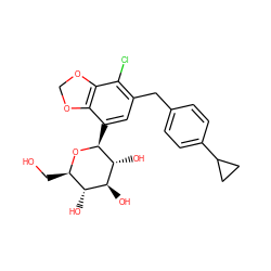 OC[C@H]1O[C@@H](c2cc(Cc3ccc(C4CC4)cc3)c(Cl)c3c2OCO3)[C@H](O)[C@@H](O)[C@@H]1O ZINC000142278236