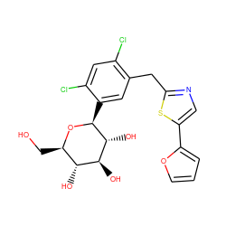 OC[C@H]1O[C@@H](c2cc(Cc3ncc(-c4ccco4)s3)c(Cl)cc2Cl)[C@H](O)[C@@H](O)[C@@H]1O ZINC000071280586