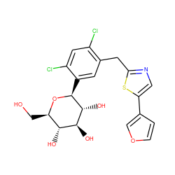 OC[C@H]1O[C@@H](c2cc(Cc3ncc(-c4ccoc4)s3)c(Cl)cc2Cl)[C@H](O)[C@@H](O)[C@@H]1O ZINC000071295872