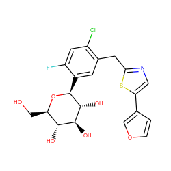 OC[C@H]1O[C@@H](c2cc(Cc3ncc(-c4ccoc4)s3)c(Cl)cc2F)[C@H](O)[C@@H](O)[C@@H]1O ZINC000071295197