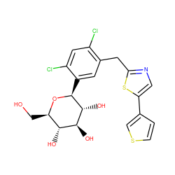 OC[C@H]1O[C@@H](c2cc(Cc3ncc(-c4ccsc4)s3)c(Cl)cc2Cl)[C@H](O)[C@@H](O)[C@@H]1O ZINC000071280927