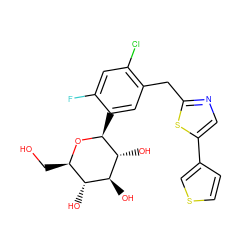 OC[C@H]1O[C@@H](c2cc(Cc3ncc(-c4ccsc4)s3)c(Cl)cc2F)[C@H](O)[C@@H](O)[C@@H]1O ZINC000071294339