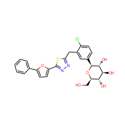 OC[C@H]1O[C@@H](c2ccc(Cl)c(Cc3nnc(-c4ccc(-c5ccccc5)o4)s3)c2)[C@H](O)[C@@H](O)[C@@H]1O ZINC000045337693