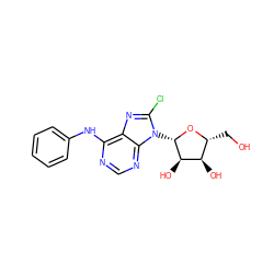 OC[C@H]1O[C@@H](n2c(Cl)nc3c(Nc4ccccc4)ncnc32)[C@H](O)[C@@H]1O ZINC000013643675