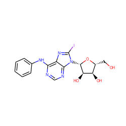 OC[C@H]1O[C@@H](n2c(I)nc3c(Nc4ccccc4)ncnc32)[C@H](O)[C@@H]1O ZINC000013643681