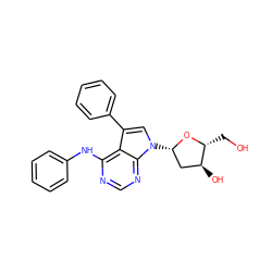 OC[C@H]1O[C@@H](n2cc(-c3ccccc3)c3c(Nc4ccccc4)ncnc32)C[C@@H]1O ZINC000013809517