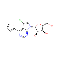 OC[C@H]1O[C@@H](n2cc(Cl)c3c(-c4ccco4)ncnc32)[C@H](O)[C@@H]1O ZINC000045324708