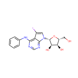 OC[C@H]1O[C@@H](n2cc(I)c3c(Nc4ccccc4)ncnc32)[C@H](O)[C@@H]1O ZINC000013809492