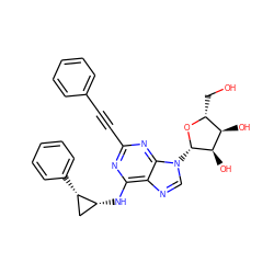 OC[C@H]1O[C@@H](n2cnc3c(N[C@@H]4C[C@@H]4c4ccccc4)nc(C#Cc4ccccc4)nc32)[C@H](O)[C@@H]1O ZINC000299840871