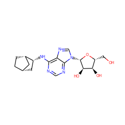 OC[C@H]1O[C@@H](n2cnc3c(N[C@@H]4C[C@@H]5CC[C@H]4C5)ncnc32)[C@H](O)[C@@H]1O ZINC000048998969