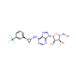 OC[C@H]1O[C@@H](n2cnc3c(N[C@@H]4C[C@H]4c4cccc(C(F)(F)F)c4)ncnc32)[C@H](O)[C@@H]1O ZINC000095577949