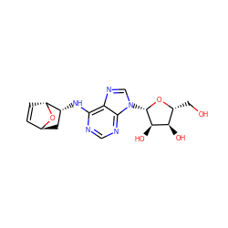 OC[C@H]1O[C@@H](n2cnc3c(N[C@@H]4C[C@H]5C=C[C@H]4O5)ncnc32)[C@H](O)[C@@H]1O ZINC000195389057