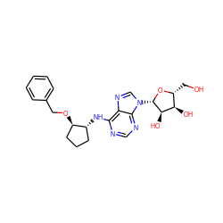 OC[C@H]1O[C@@H](n2cnc3c(N[C@@H]4CCC[C@H]4OCc4ccccc4)ncnc32)[C@H](O)[C@@H]1O ZINC000038240048