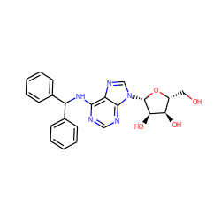 OC[C@H]1O[C@@H](n2cnc3c(NC(c4ccccc4)c4ccccc4)ncnc32)[C@H](O)[C@@H]1O ZINC000013782072