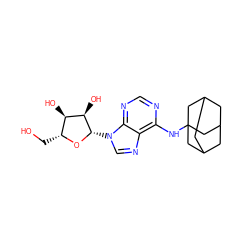 OC[C@H]1O[C@@H](n2cnc3c(NC45CC6CC(CC(C6)C4)C5)ncnc32)[C@H](O)[C@@H]1O ZINC000049113183