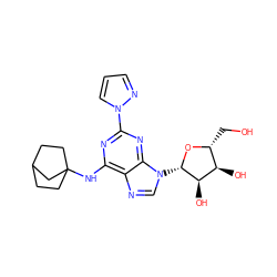 OC[C@H]1O[C@@H](n2cnc3c(NC45CCC(CC4)C5)nc(-n4cccn4)nc32)[C@H](O)[C@@H]1O ZINC000028817670