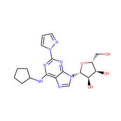 OC[C@H]1O[C@@H](n2cnc3c(NC4CCCC4)nc(-n4cccn4)nc32)[C@H](O)[C@@H]1O ZINC000028817660