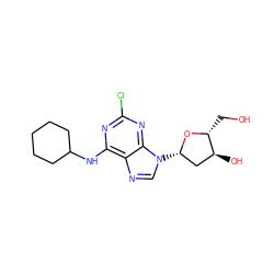 OC[C@H]1O[C@@H](n2cnc3c(NC4CCCCC4)nc(Cl)nc32)C[C@@H]1O ZINC000013804209