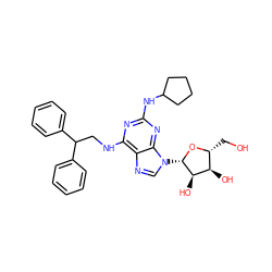 OC[C@H]1O[C@@H](n2cnc3c(NCC(c4ccccc4)c4ccccc4)nc(NC4CCCC4)nc32)[C@H](O)[C@@H]1O ZINC000027322507