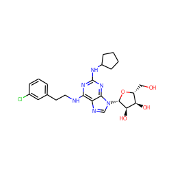 OC[C@H]1O[C@@H](n2cnc3c(NCCc4cccc(Cl)c4)nc(NC4CCCC4)nc32)[C@H](O)[C@@H]1O ZINC000027319424