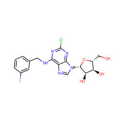 OC[C@H]1O[C@@H](n2cnc3c(NCc4cccc(I)c4)nc(Cl)nc32)[C@H](O)[C@@H]1O ZINC000012405715