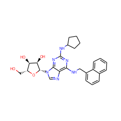 OC[C@H]1O[C@@H](n2cnc3c(NCc4cccc5ccccc45)nc(NC4CCCC4)nc32)[C@H](O)[C@@H]1O ZINC000027321443