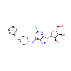 OC[C@H]1O[C@@H](n2cnc3c(NN4CCC(Sc5ccccc5)CC4)nc(Cl)nc32)[C@H](O)[C@@H]1O ZINC000003930507