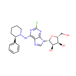 OC[C@H]1O[C@@H](n2cnc3c(NN4CCCC[C@@H]4c4ccccc4)nc(Cl)nc32)[C@H](O)[C@@H]1O ZINC000026638495