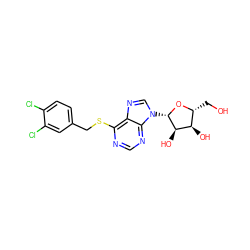 OC[C@H]1O[C@@H](n2cnc3c(SCc4ccc(Cl)c(Cl)c4)ncnc32)[C@H](O)[C@@H]1O ZINC000013560346