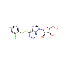 OC[C@H]1O[C@@H](n2cnc3c(SCc4ccc(Cl)cc4Cl)ncnc32)[C@H](O)[C@@H]1O ZINC000013560344