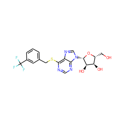 OC[C@H]1O[C@@H](n2cnc3c(SCc4cccc(C(F)(F)F)c4)ncnc32)[C@H](O)[C@@H]1O ZINC000013560334